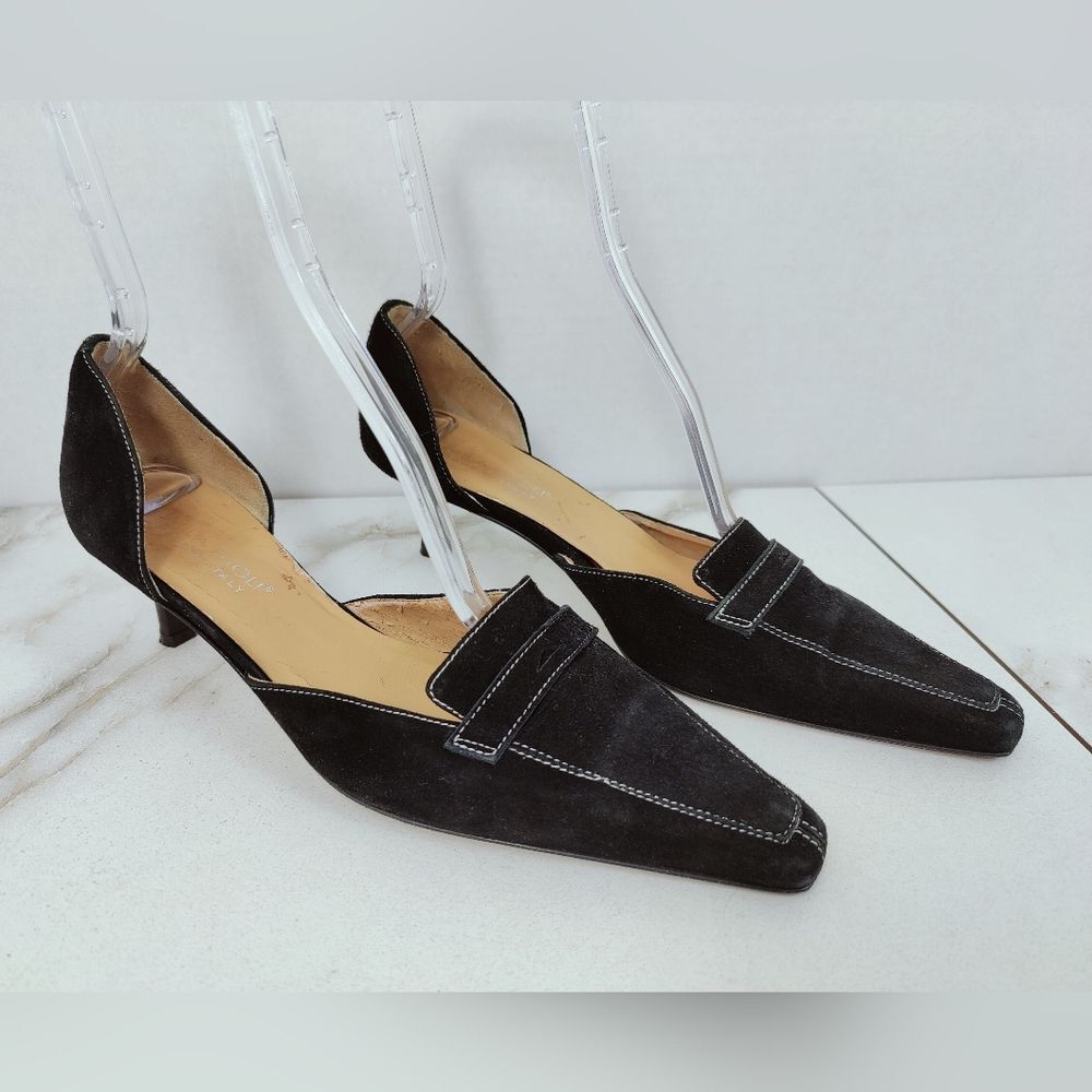 Mila Paoli Italy Black Suede D'Orsay Kitten Heel Pointed Toe Pumps, Sz 9.5